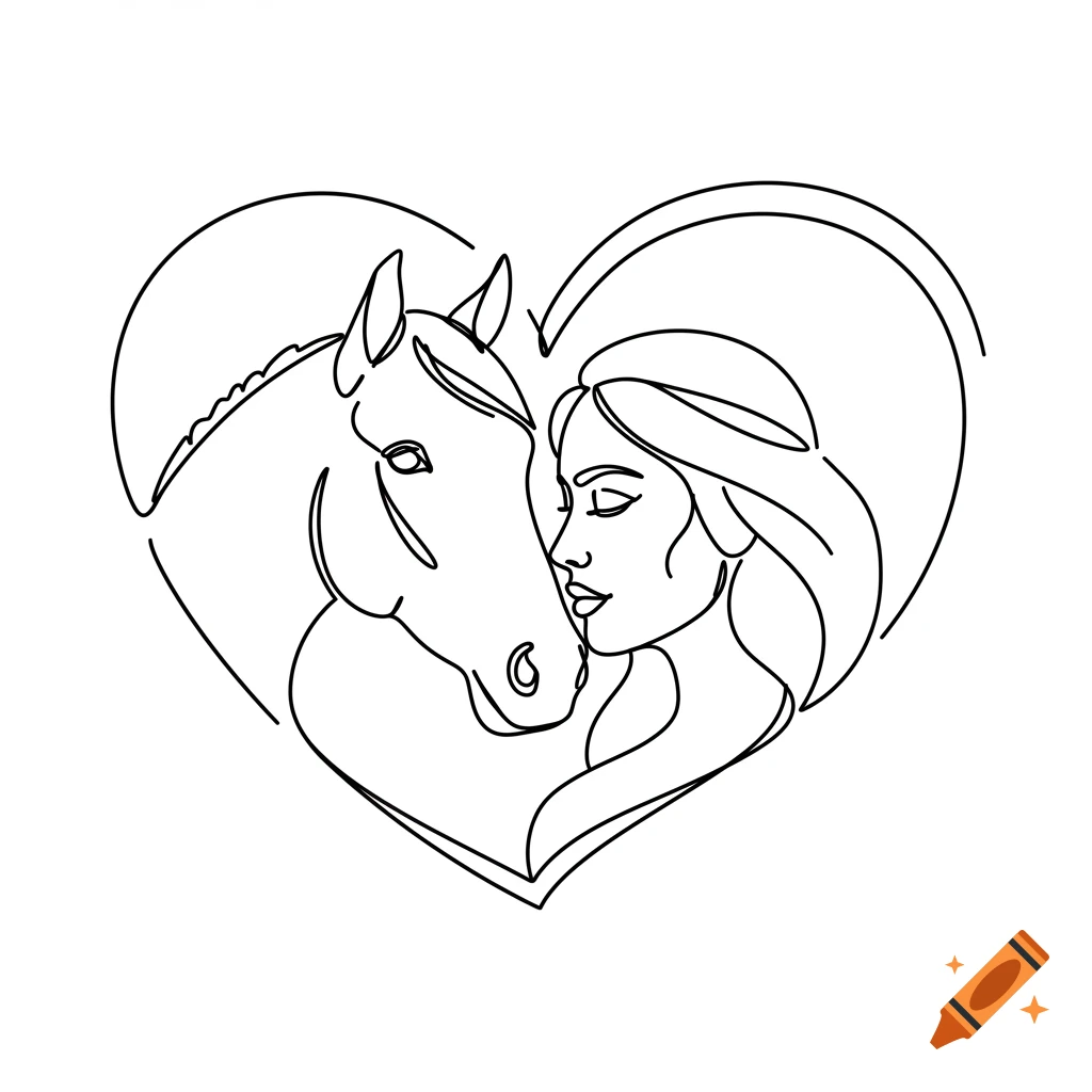 Line drawing of a woman and a horse's head nuzzling, enclosed within a heart silhouette.