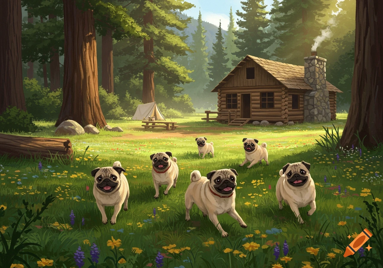 A group of happy pugs running through a vibrant green meadow with wildflowers, a wooden cabin and tent in the forest background.