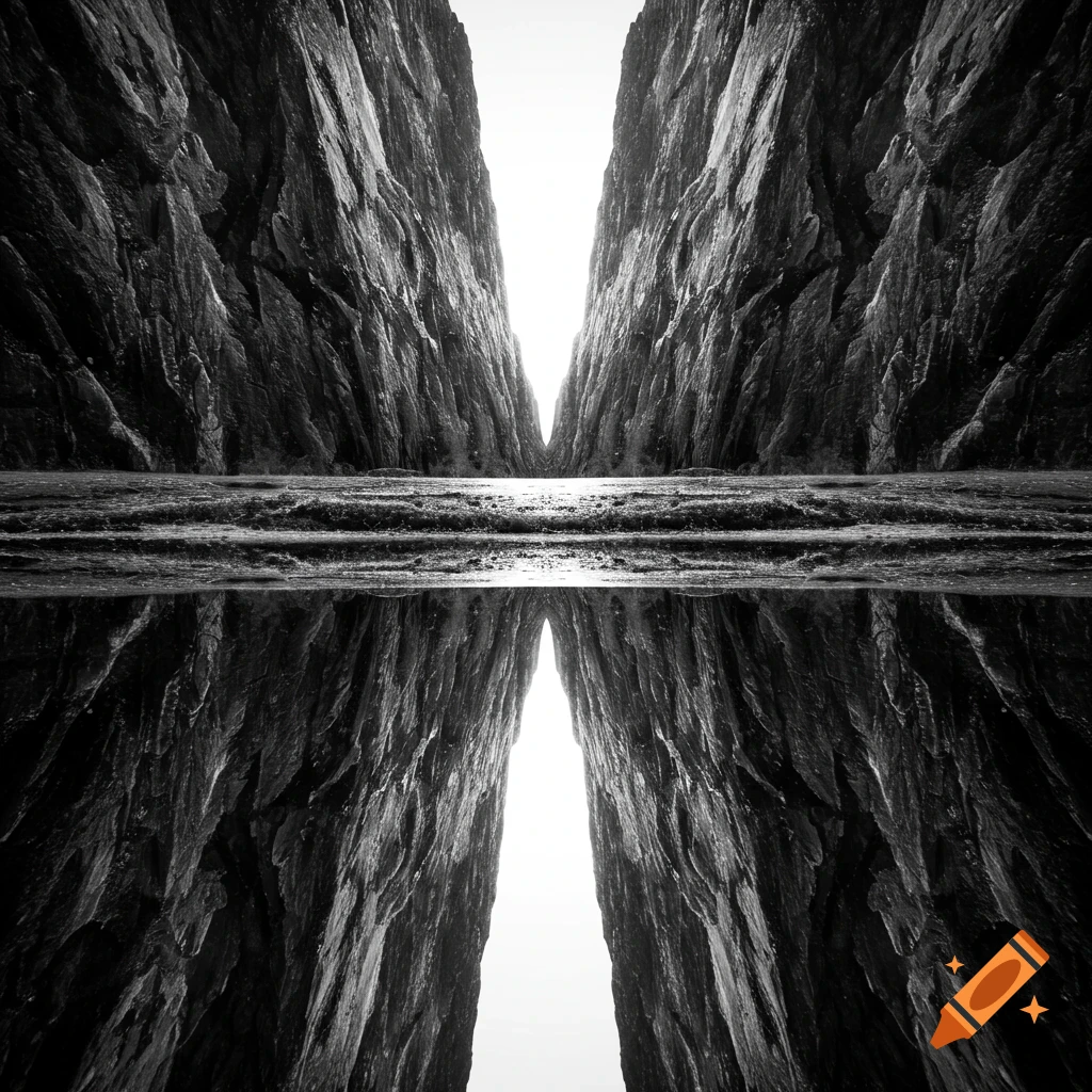 Black and white photorealistic image of a deep, narrow canyon with a reflective surface below, mirroring the rugged rock walls.