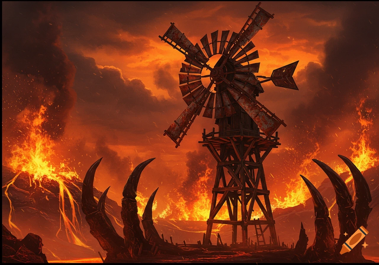 A rusty windmill in a fiery, hellish landscape with lava and flames under a dark, stormy sky.