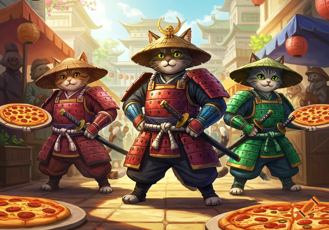 Three cartoon samurai cats in armor holding katanas and pizzas in a Japanese market.