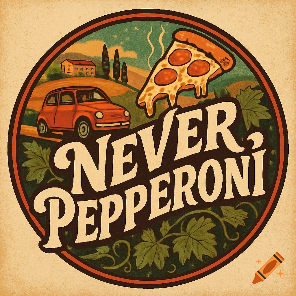 A vintage-style round logo featuring an orange car, a landscape, a pizza slice, and the text 'NEVER, PEPPERONI'.