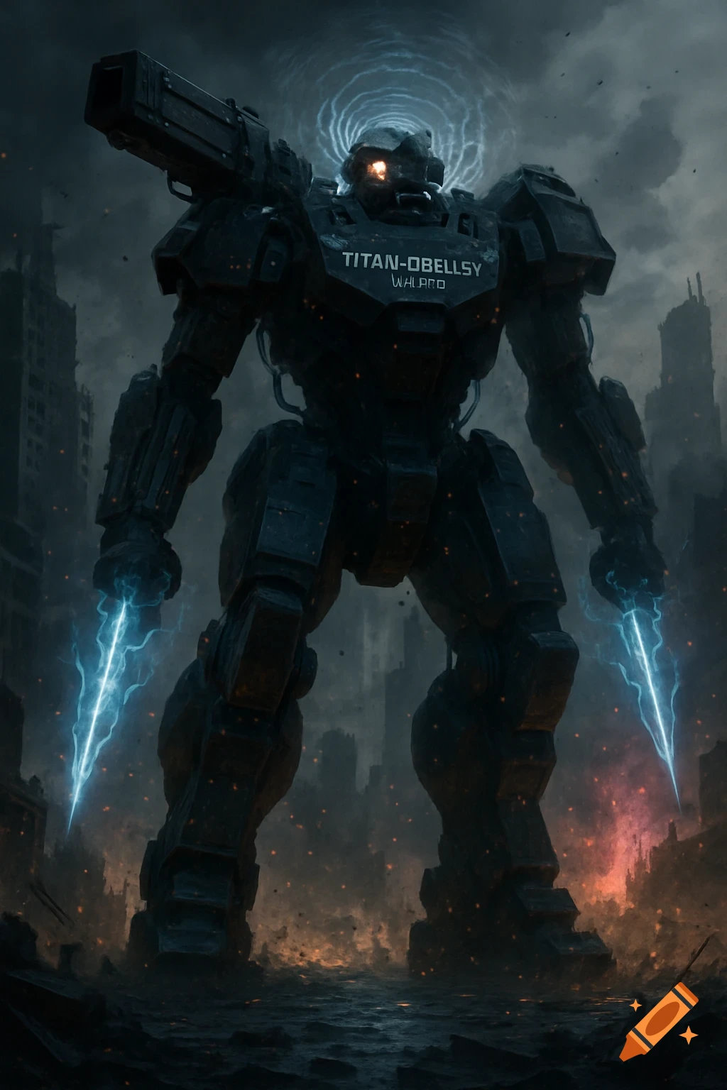 A colossal dark mech with a glowing eye and electric blades stands in a destroyed city under a stormy sky.