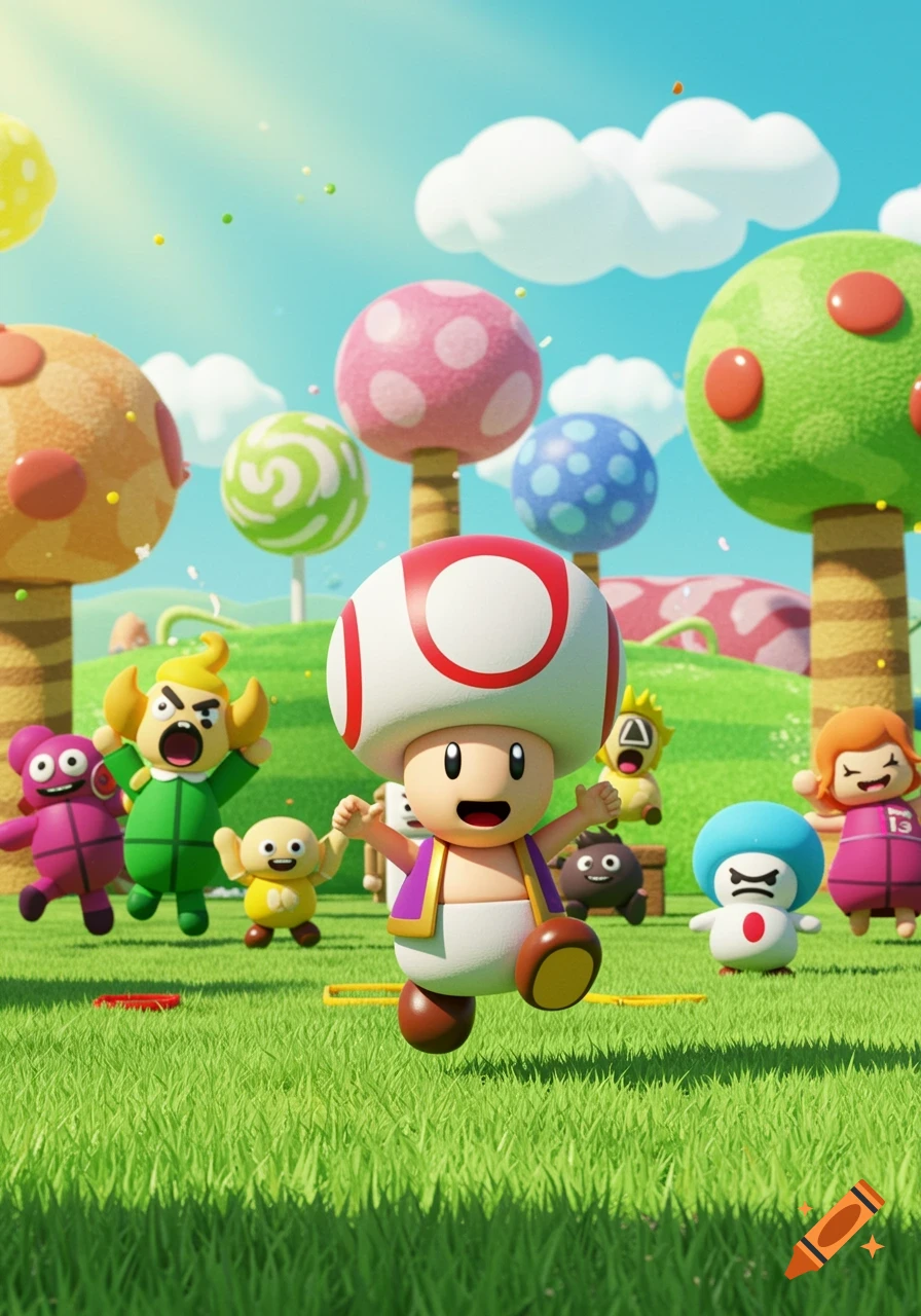 A cheerful Toad-like character in a purple vest jumps in a green field with colorful mushroom trees and stylized characters.