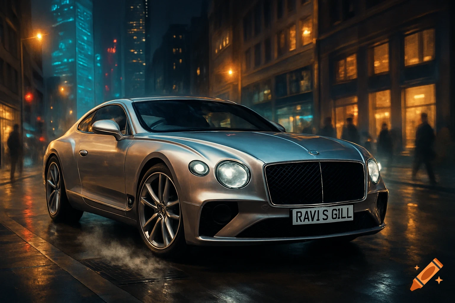 A silver Bentley Continental GT on a wet city street at night, illuminated by streetlights and neon building lights.