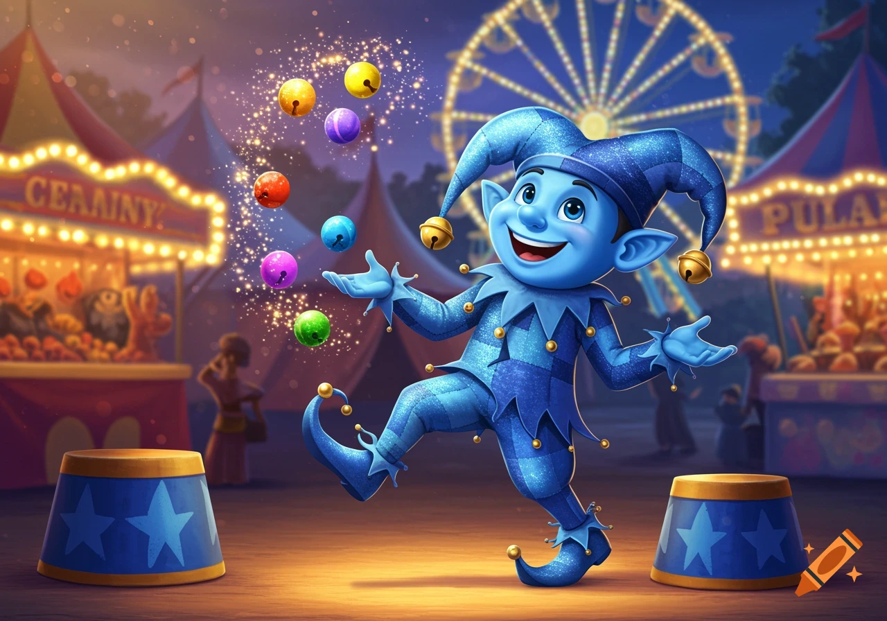 A smiling blue cartoon jester juggling colorful bells at a vibrant carnival with tents and a Ferris wheel.