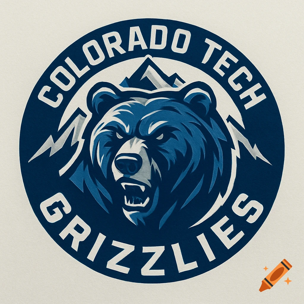 A blue and white circular sports logo for "Colorado Tech Grizzlies" featuring an aggressive blue grizzly bear head and white mountains.