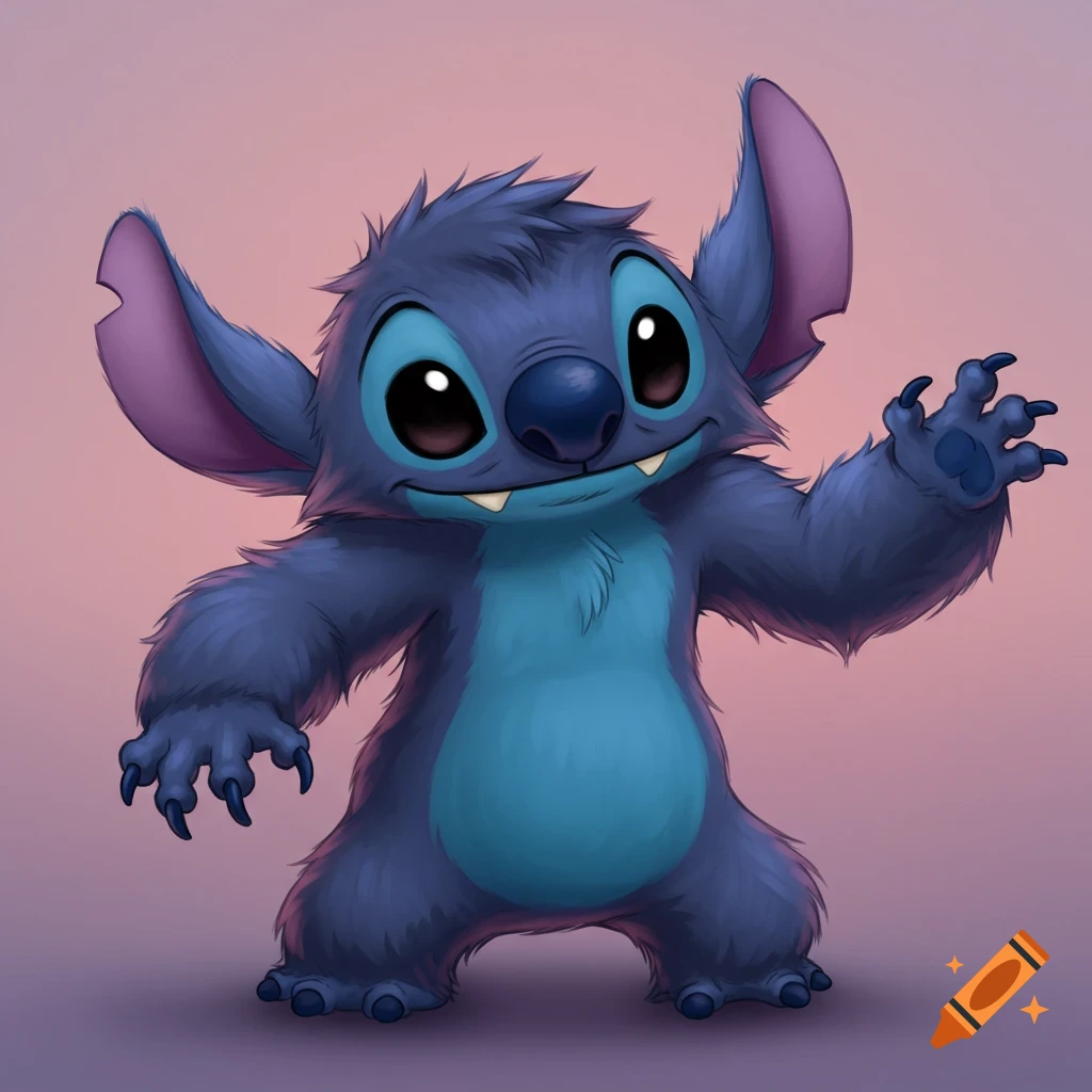 A cartoon blue furry creature resembling Stitch as a werewolf, with large ears, big eyes, and claws, against a soft pink background.