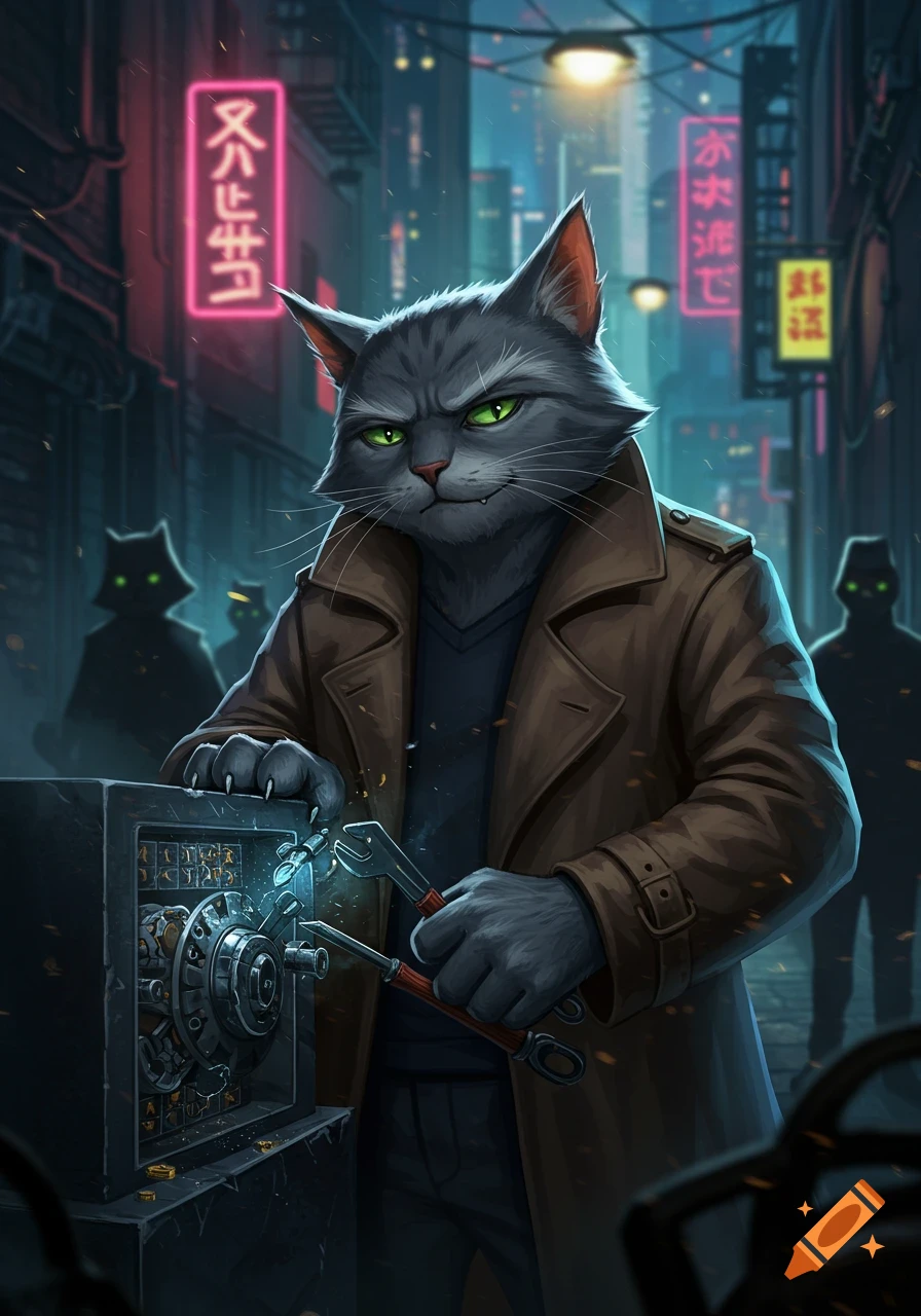 A gray anthropomorphic cat in a trench coat picks the lock of a safe in a dark, neon-lit cyberpunk alley, with shadowy figures in the background.