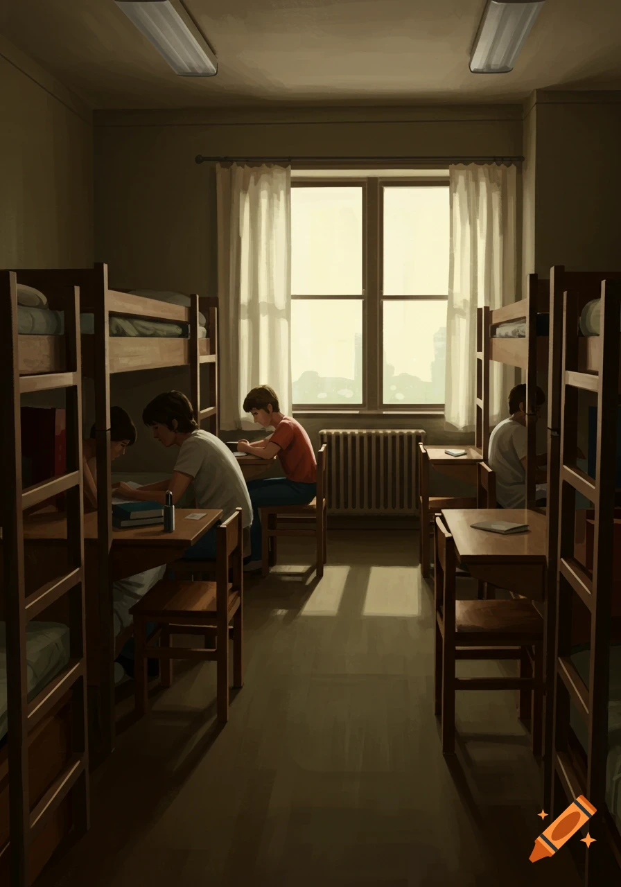 A vintage-style painting of a boys' dormitory with students studying at desks and bunk beds.