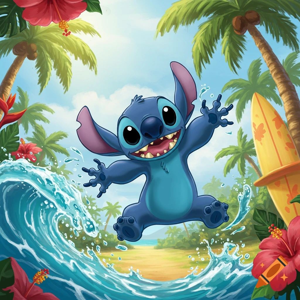 Stitch, the blue alien, happily jumps over a breaking wave on a tropical beach with palm trees, hibiscus flowers, and a surfboard.