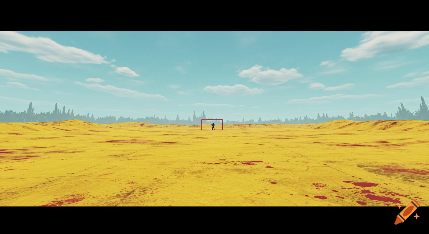 A wide, stylized dystopian landscape with a yellow, dry field, red smudges, distant dark trees, a light blue sky, and a small figure in a red rectangle.