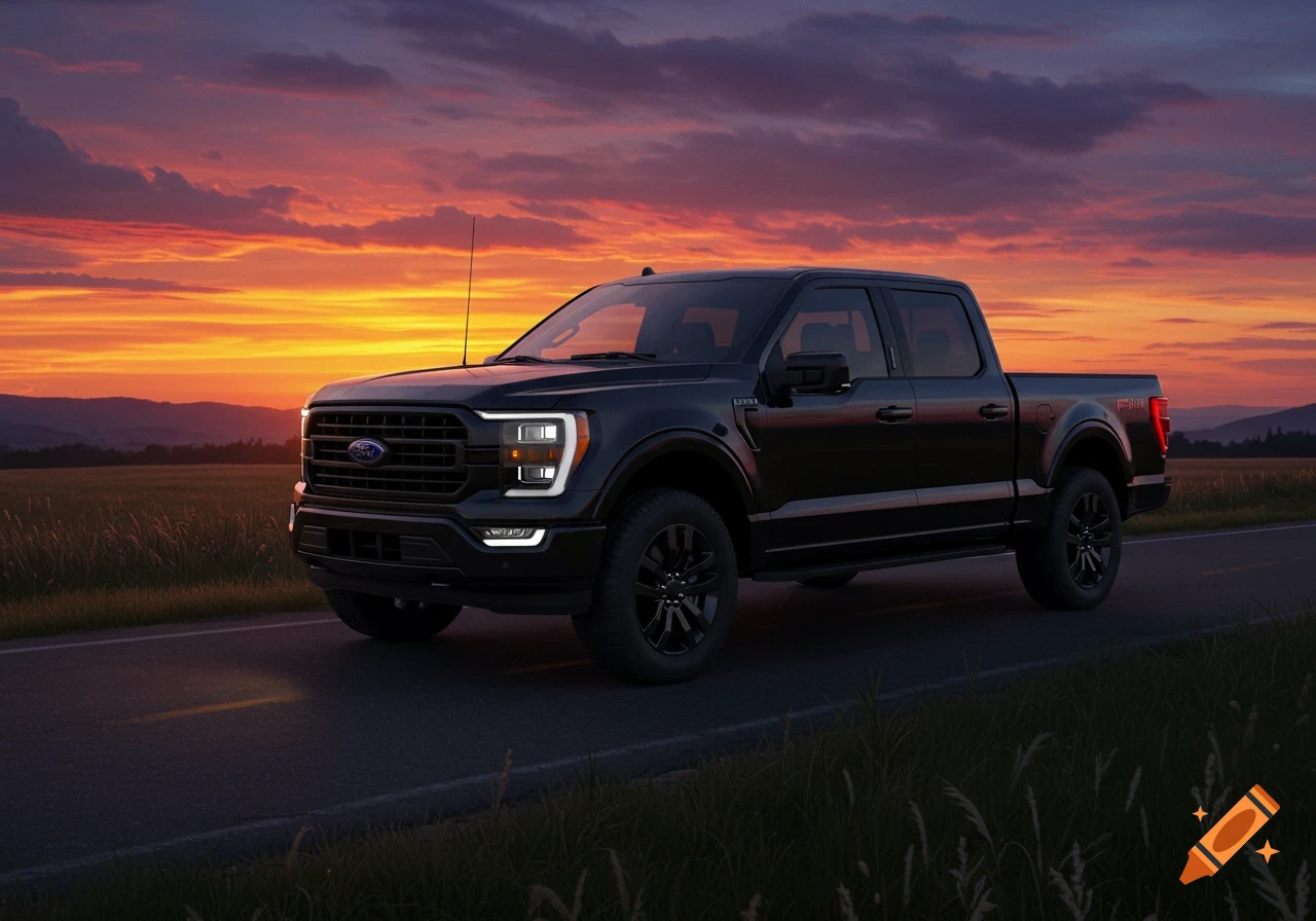 A black Ford F-150 pickup truck is parked on a road at sunset, with a vibrant orange and purple sky in the background.