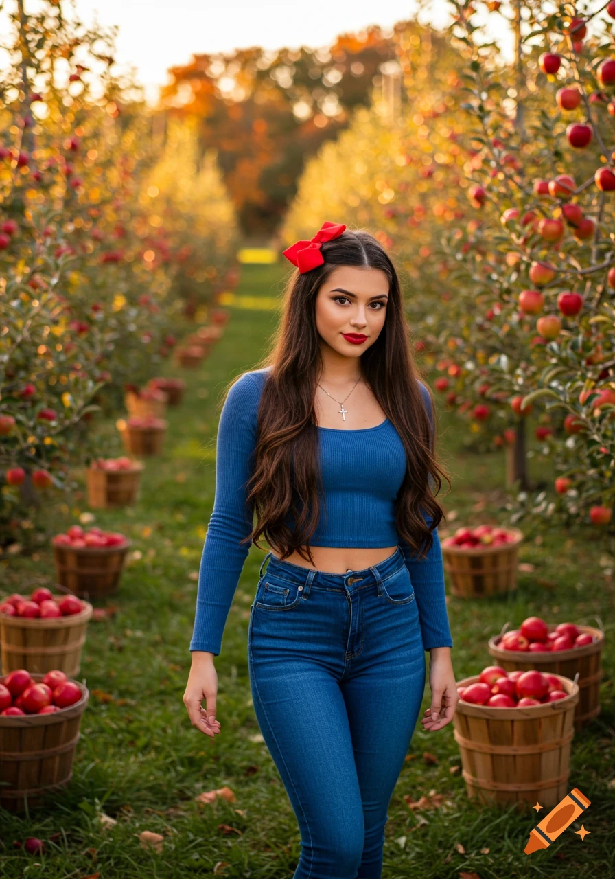 A young woman with long dark hair, red bow, and blue outfit stands in an apple orchard with baskets of apples.