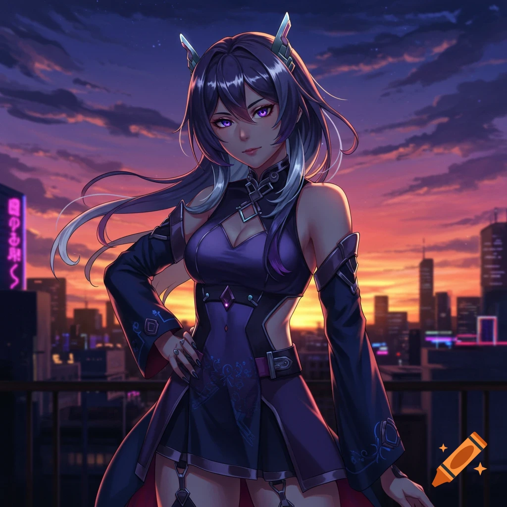 An anime girl with purple hair and glowing eyes in a dark outfit with glowing accents, standing on a rooftop at sunset overlooking a city.