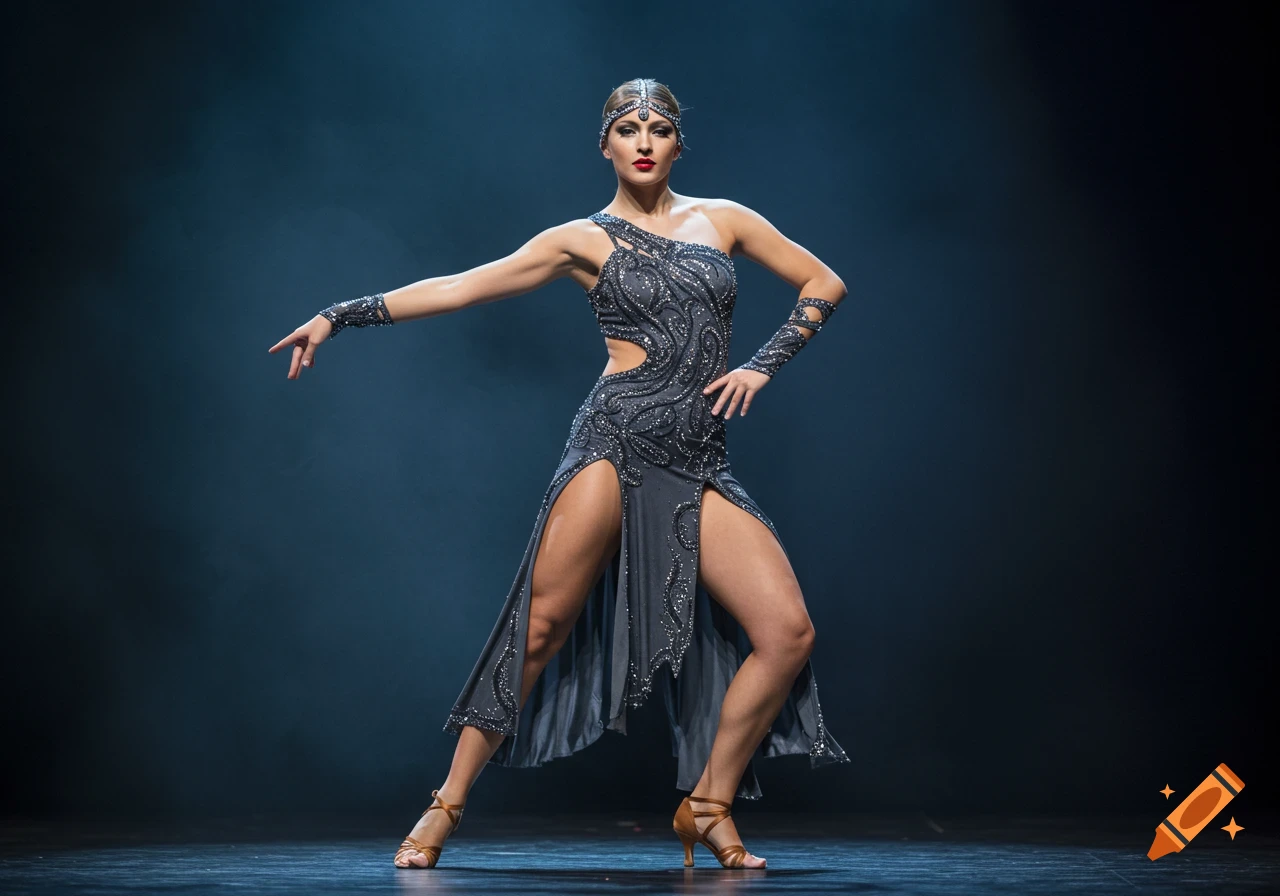 A female dancer in a dark gray sparkling costume with high slits poses on a stage.