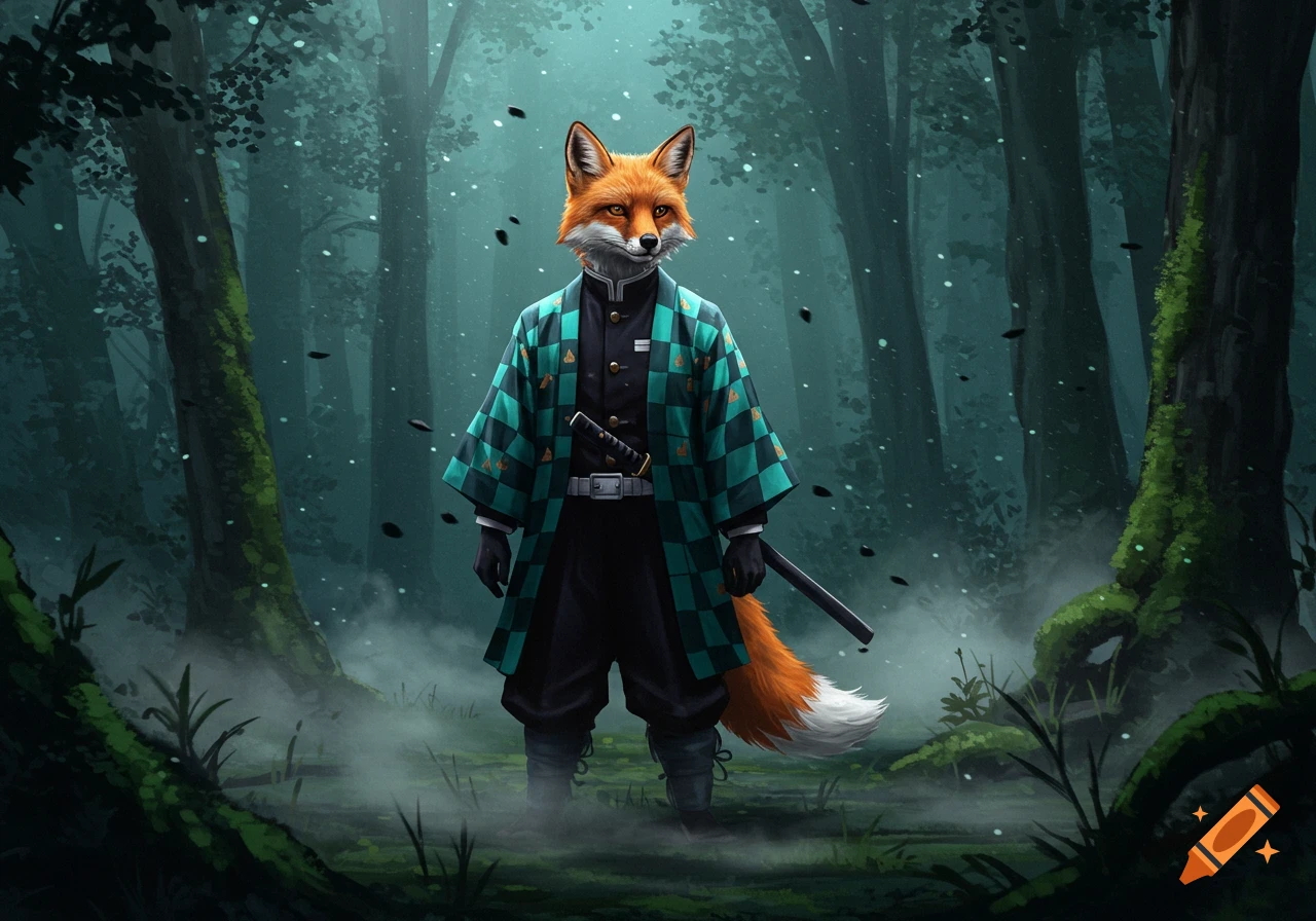 A fox-headed character in a teal and black checkered haori and black uniform with a katana stands in a misty, dark forest. Digital illustration.