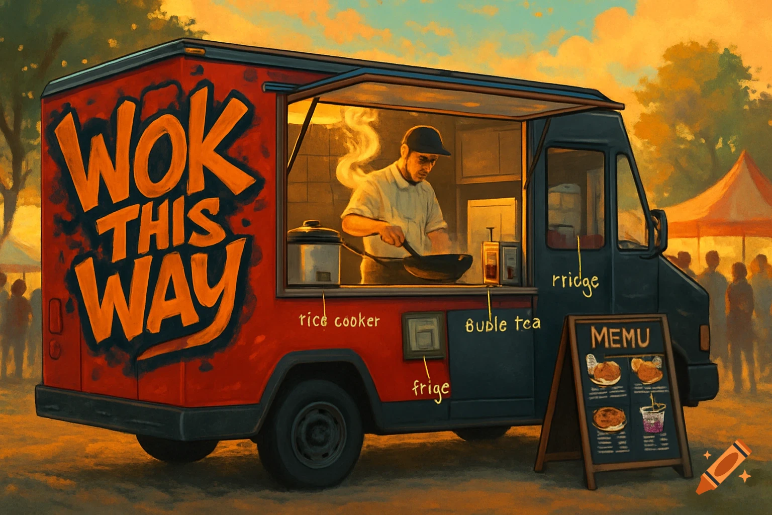 A vibrant, illustrative painting of a red and black food truck named 'Wok This Way' with a chef cooking at a wok station inside, steam rising. A menu board stands outside, and people gather in the background under a warm, sunset sky.