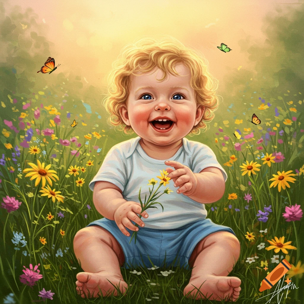 A smiling baby with curly blonde hair sits in a vibrant wildflower field, holding a yellow flower.