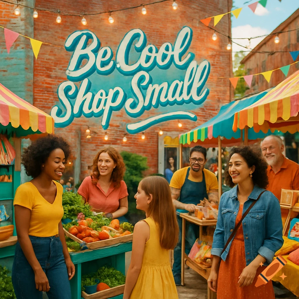 A photorealistic image of diverse people shopping and interacting at an outdoor market with a mural reading 'Be Cool Shop Small' on a brick wall.