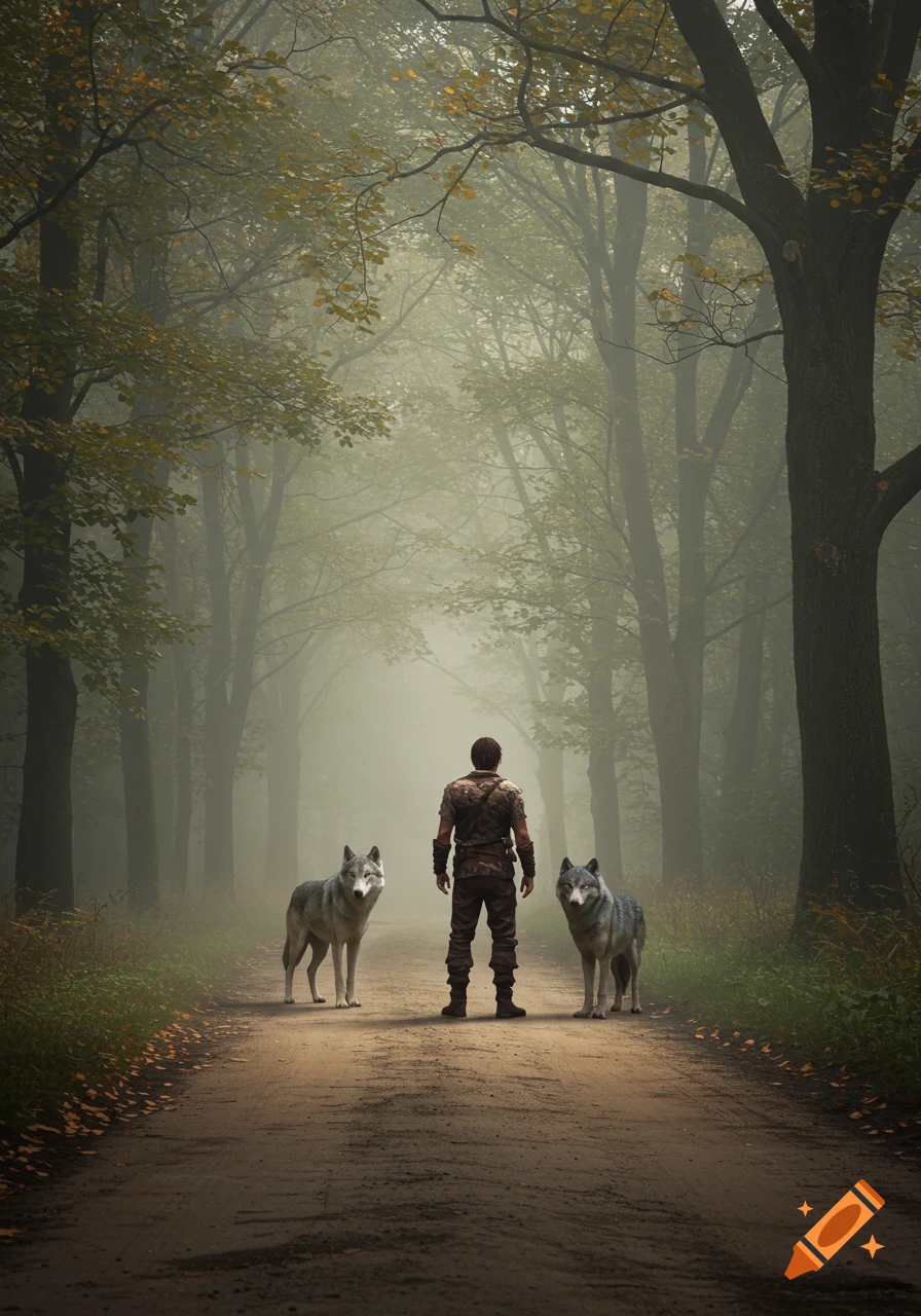 A man and two wolves stand on a misty dirt path surrounded by trees in a photorealistic forest scene.