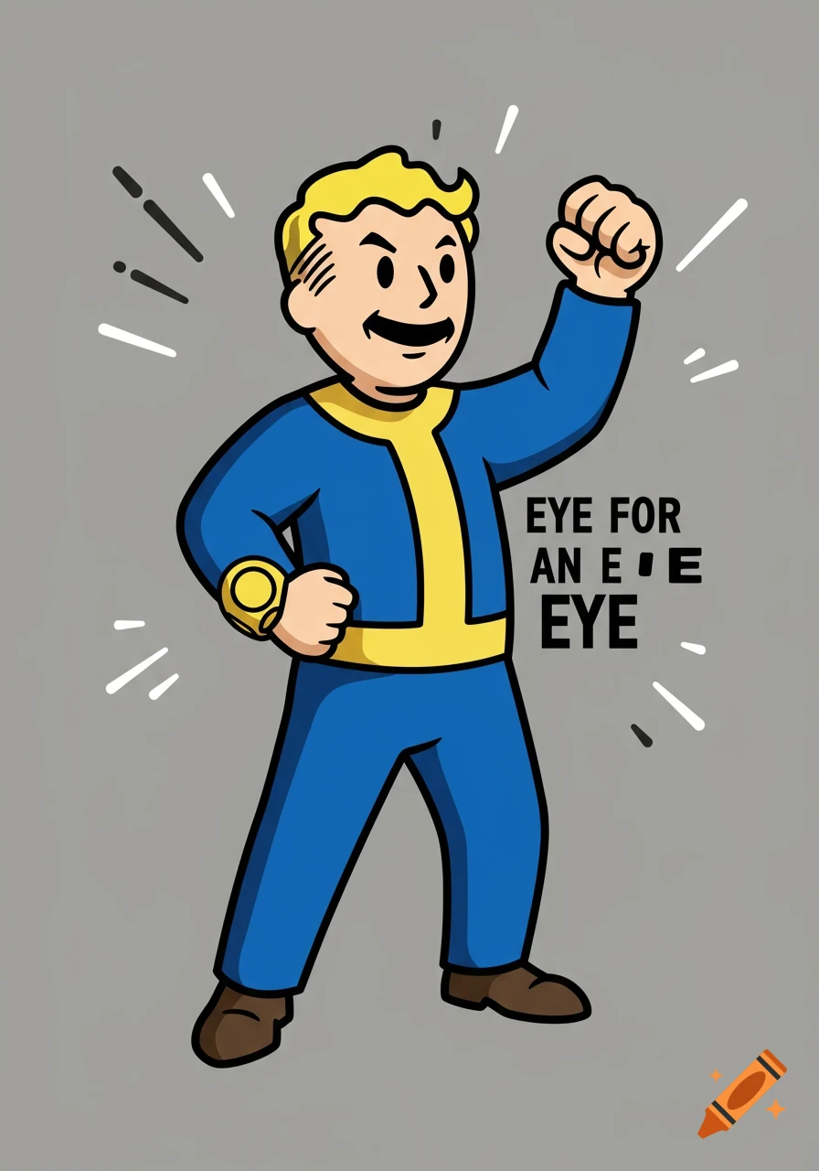 Cartoon Vault Boy in a blue and yellow jumpsuit, with his left fist raised, and text 'EYE FOR AN E E EYE'.