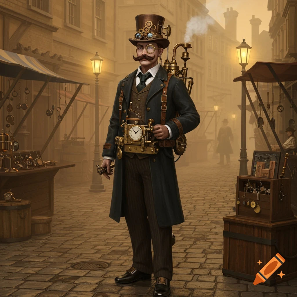 A man in a detailed steampunk outfit with a top hat and goggles stands in a bustling, gaslit city street.