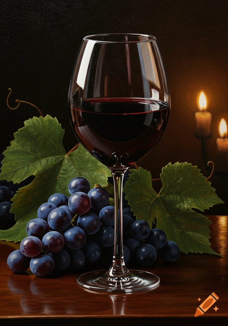 A photorealistic painting of a glass of red wine, purple grapes, and two lit candles on a reflective wooden table.