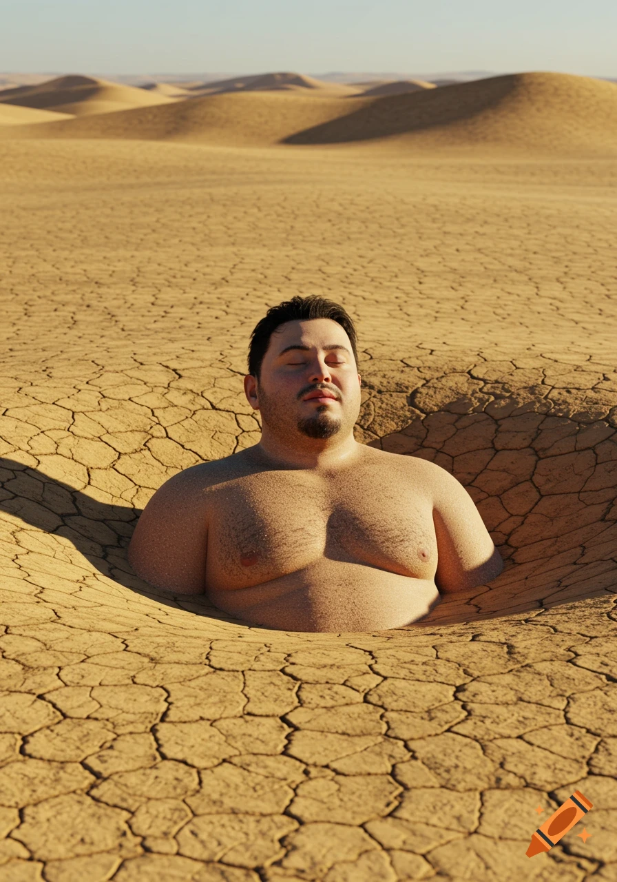 Photorealistic image of a chubby man sinking into cracked desert ground, eyes closed, with distant dunes.