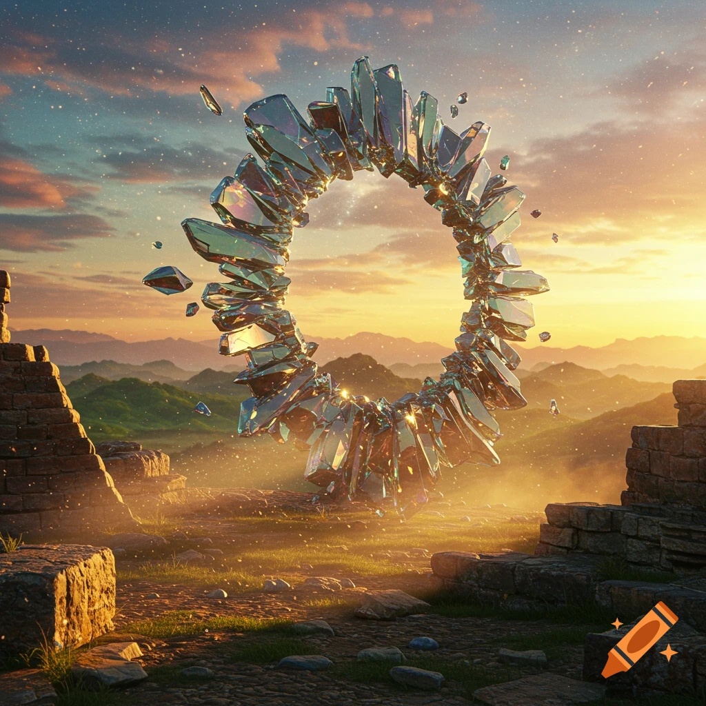 A glowing circular portal made of shattered iridescent crystals floats above ancient ruins in a mountainous landscape at sunset.