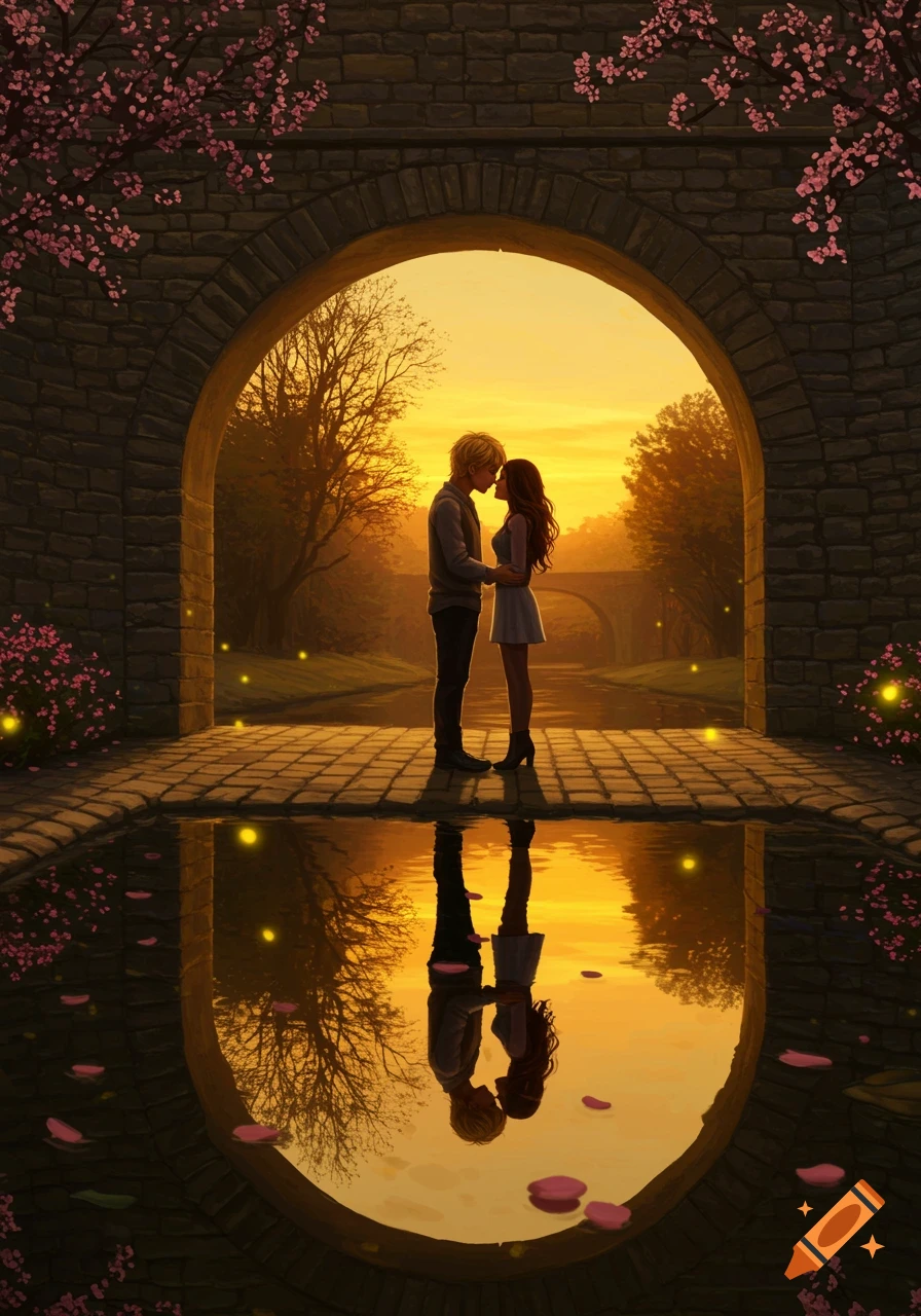 A blonde man and a brunette woman stand close, about to kiss, under a stone archway at sunset, reflected in water, in a romantic illustration.