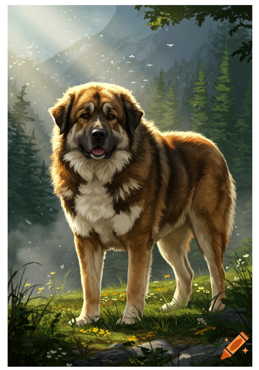 A large, fluffy brown and white dog stands on a grassy hill with yellow flowers, bathed in sunlight, against a backdrop of misty mountains and pine trees.