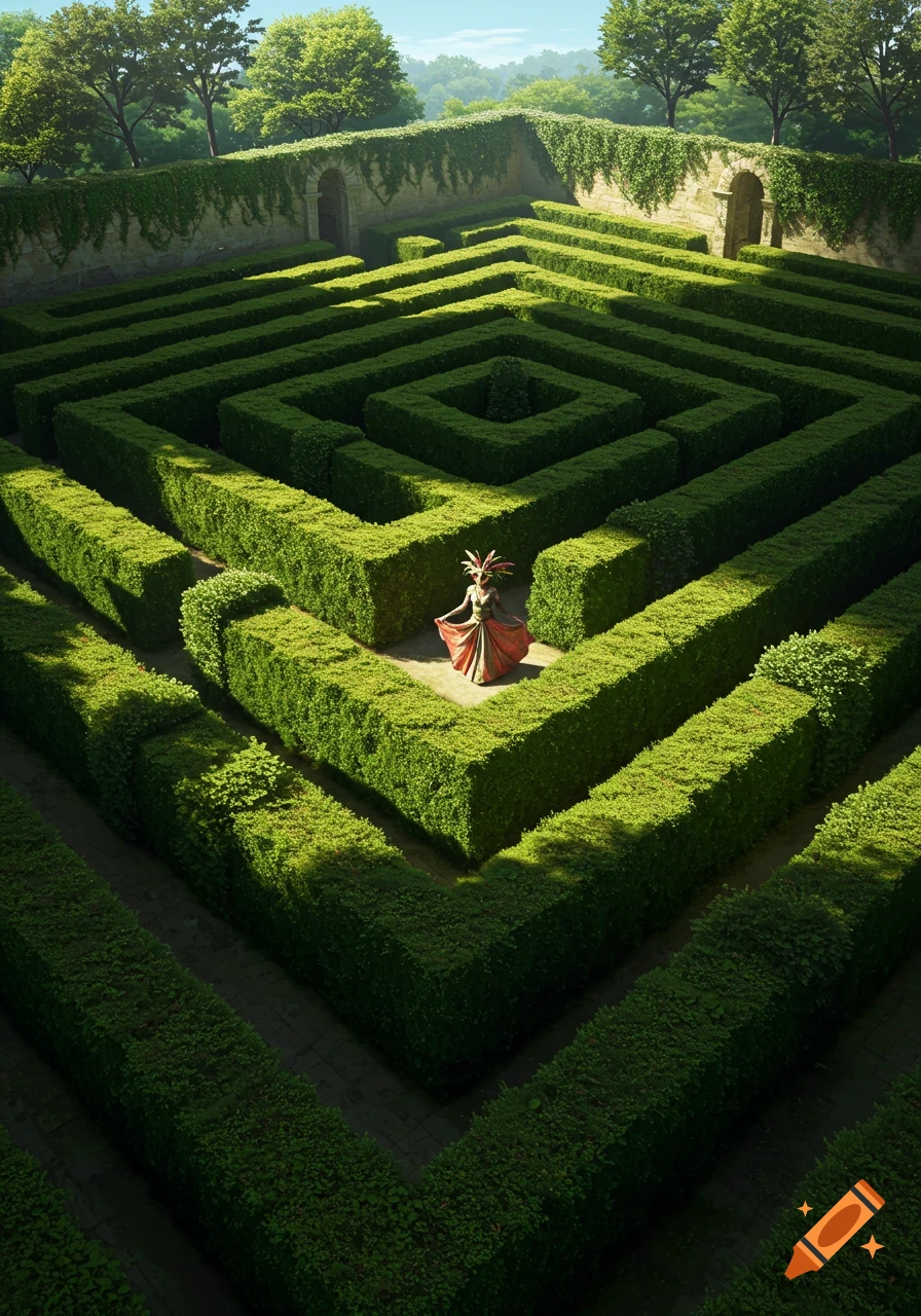 A woman in a colorful, masked costume stands in the center of a large, intricate green hedge maze from a high angle.