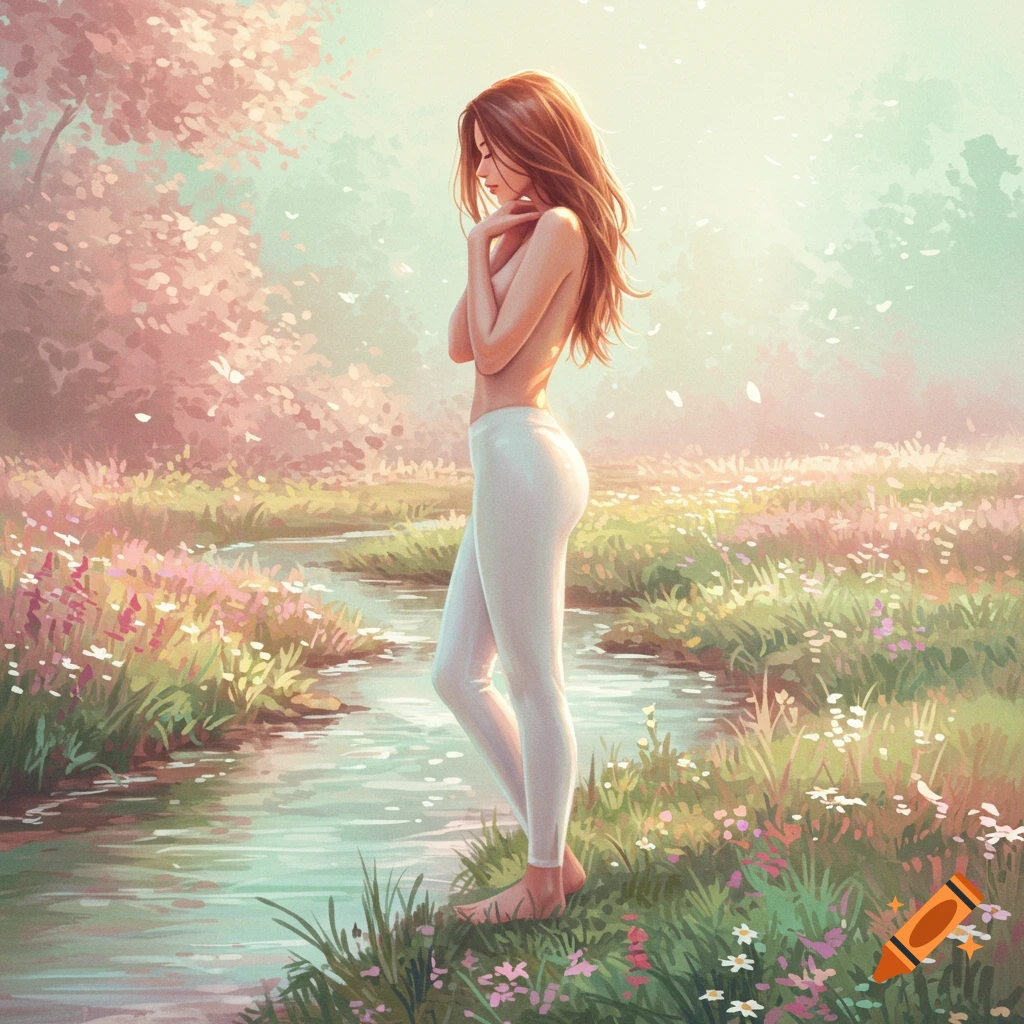 A woman in white leggings stands by a stream in a beautiful, pink and green fantasy landscape.