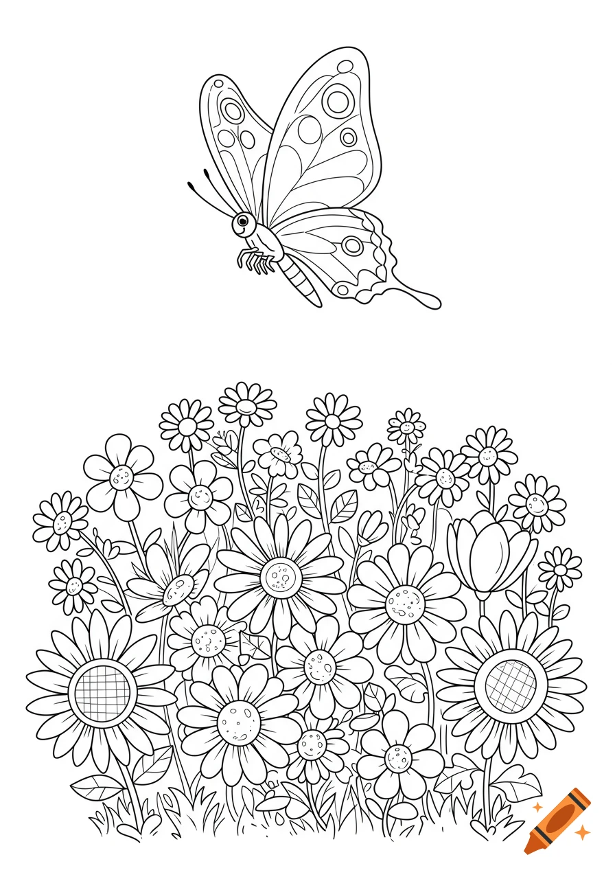Black and white line art illustration for a coloring book showing a butterfly flying above a garden of flowers.