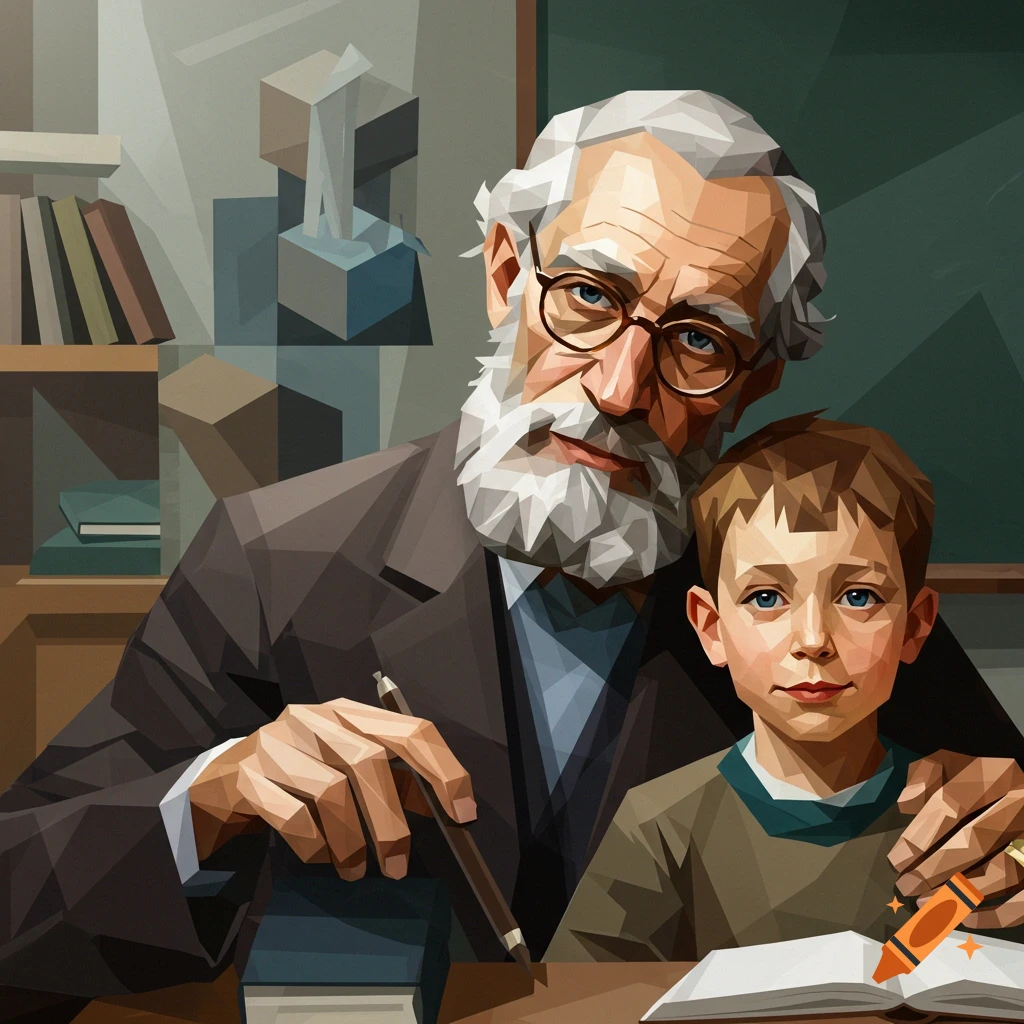 Cubism painting of an older man with a white beard and glasses, embracing a young boy, in a classroom setting.