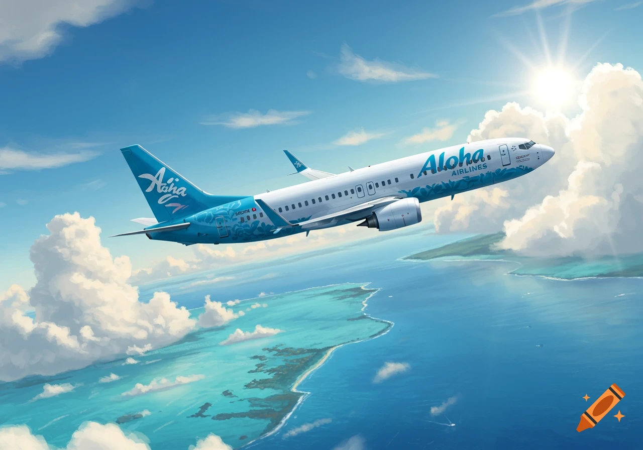 An Aloha Airlines Boeing 737 airplane flies over blue tropical waters and islands under a sunny sky in an illustration.
