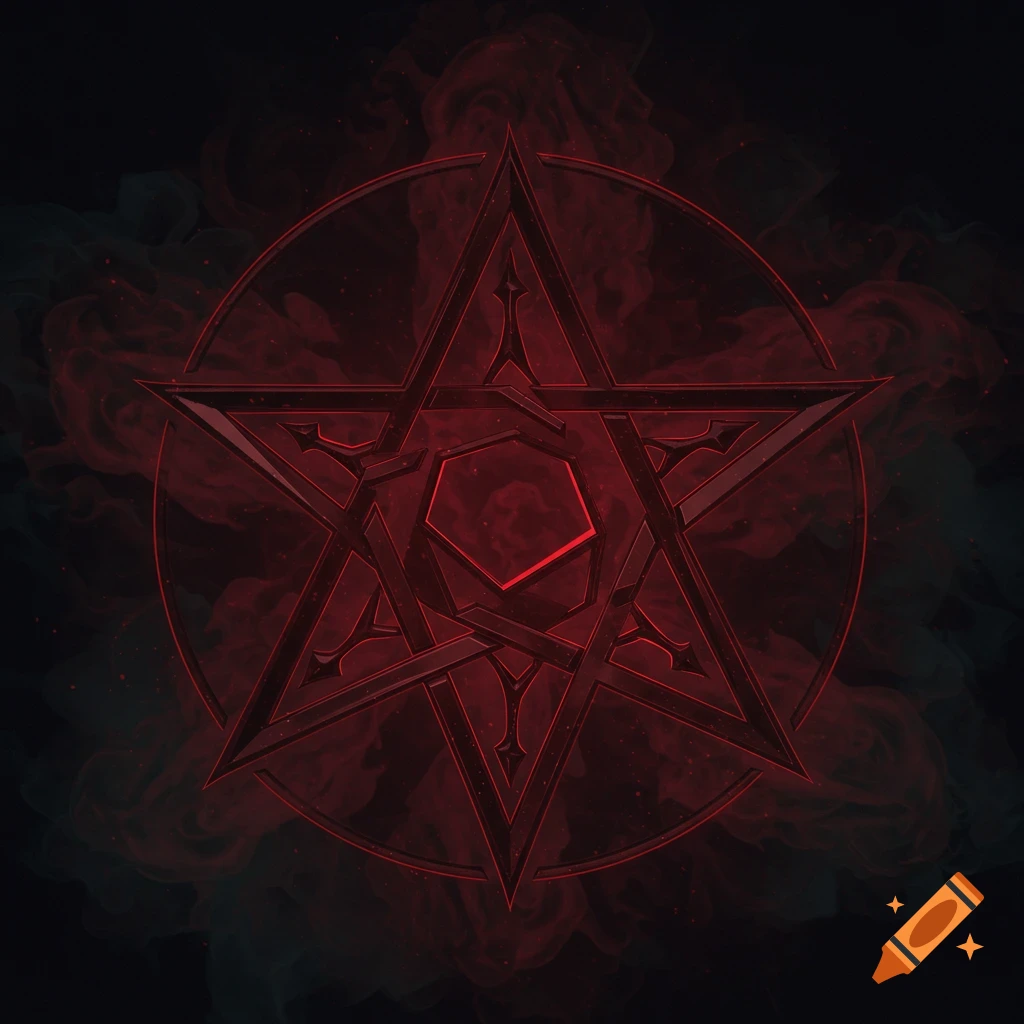 A glowing red pentagram symbol against a dark, smoky background.