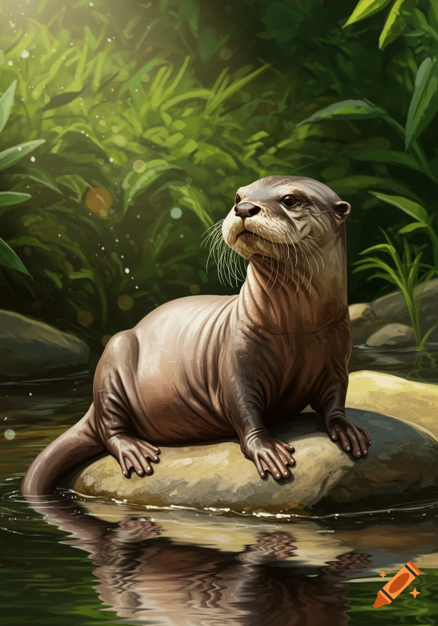 A hairless otter with a full beard sits on a rock in a lush green jungle river with sunlit water.