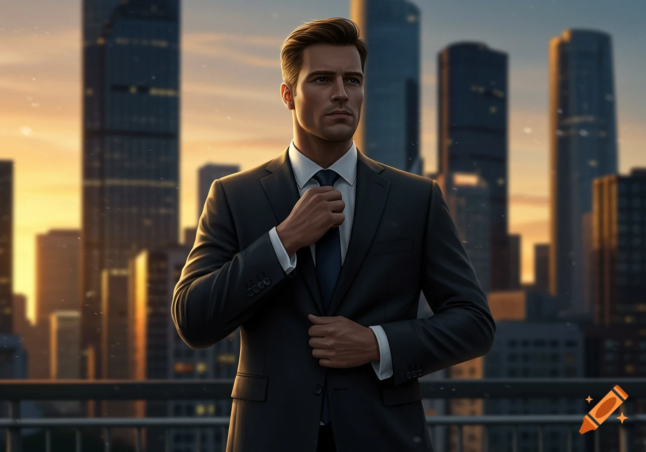 A photorealistic image of a man in a suit adjusting his tie with a city skyline at sunset in the background.