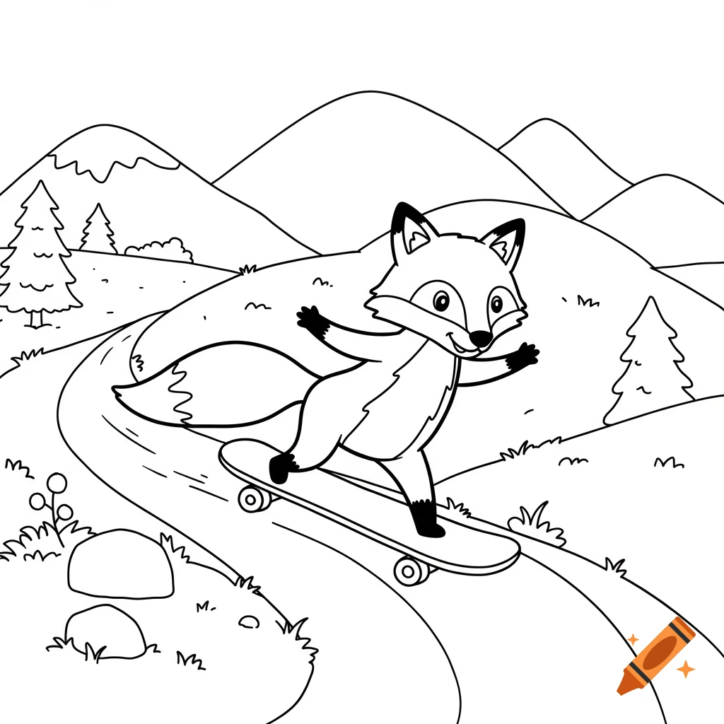 A black and white line art of a cute cartoon fox skateboarding down a mountain path with trees.