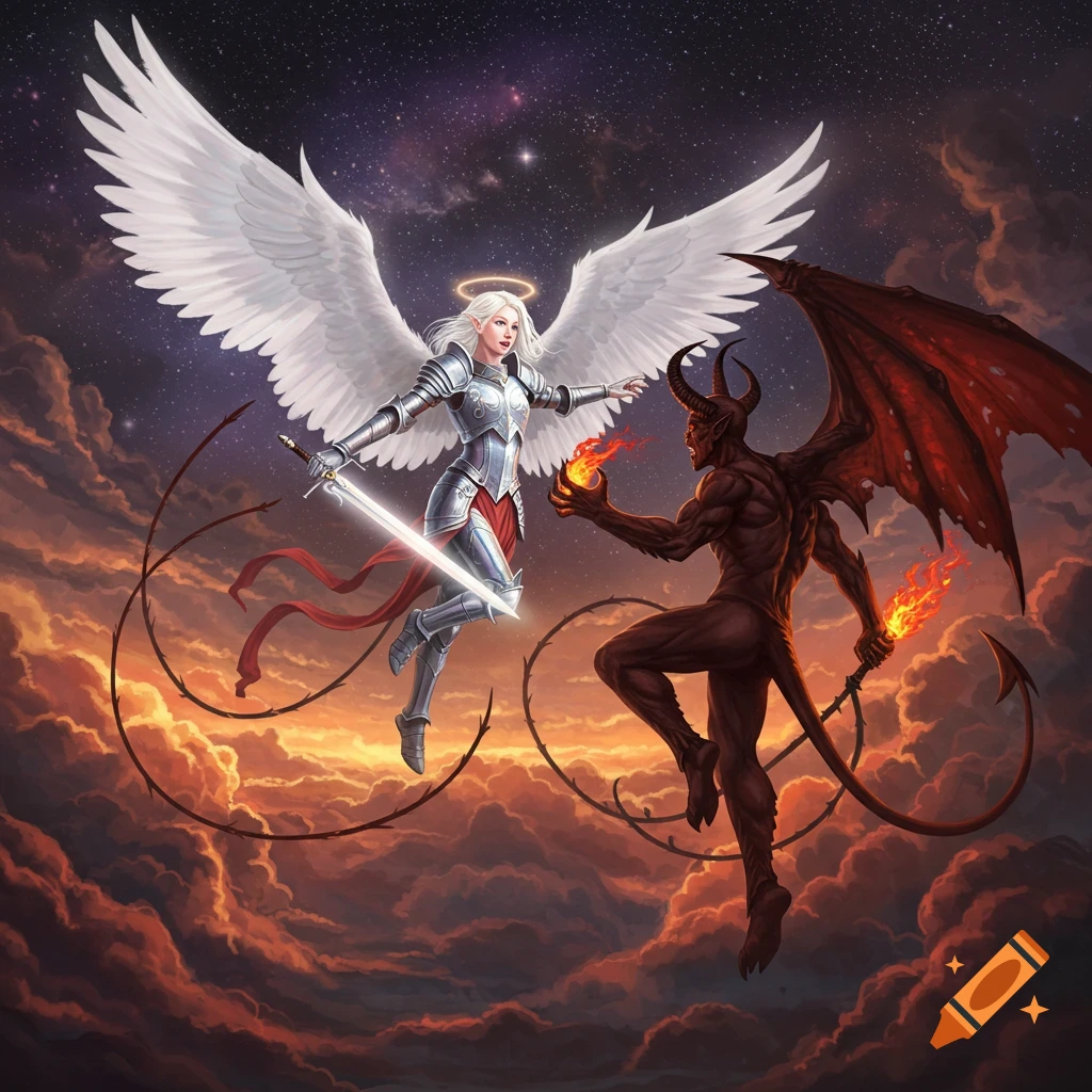 An armored angel with white wings fights a red-skinned devil with horns and bat wings amidst fiery clouds and a starry sky.