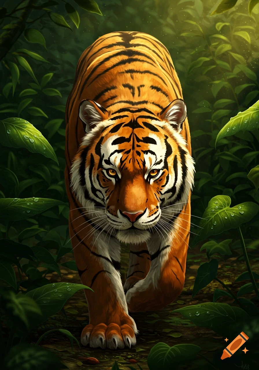 A stylized tiger with orange and black stripes walks forward through a dark, lush jungle with dappled light.