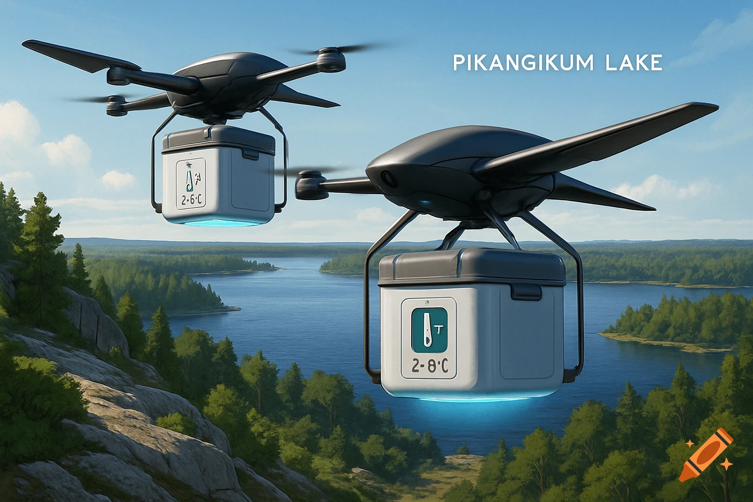 Two autonomous drones fly over a lake and forest, carrying white, glowing cryogenic containers.