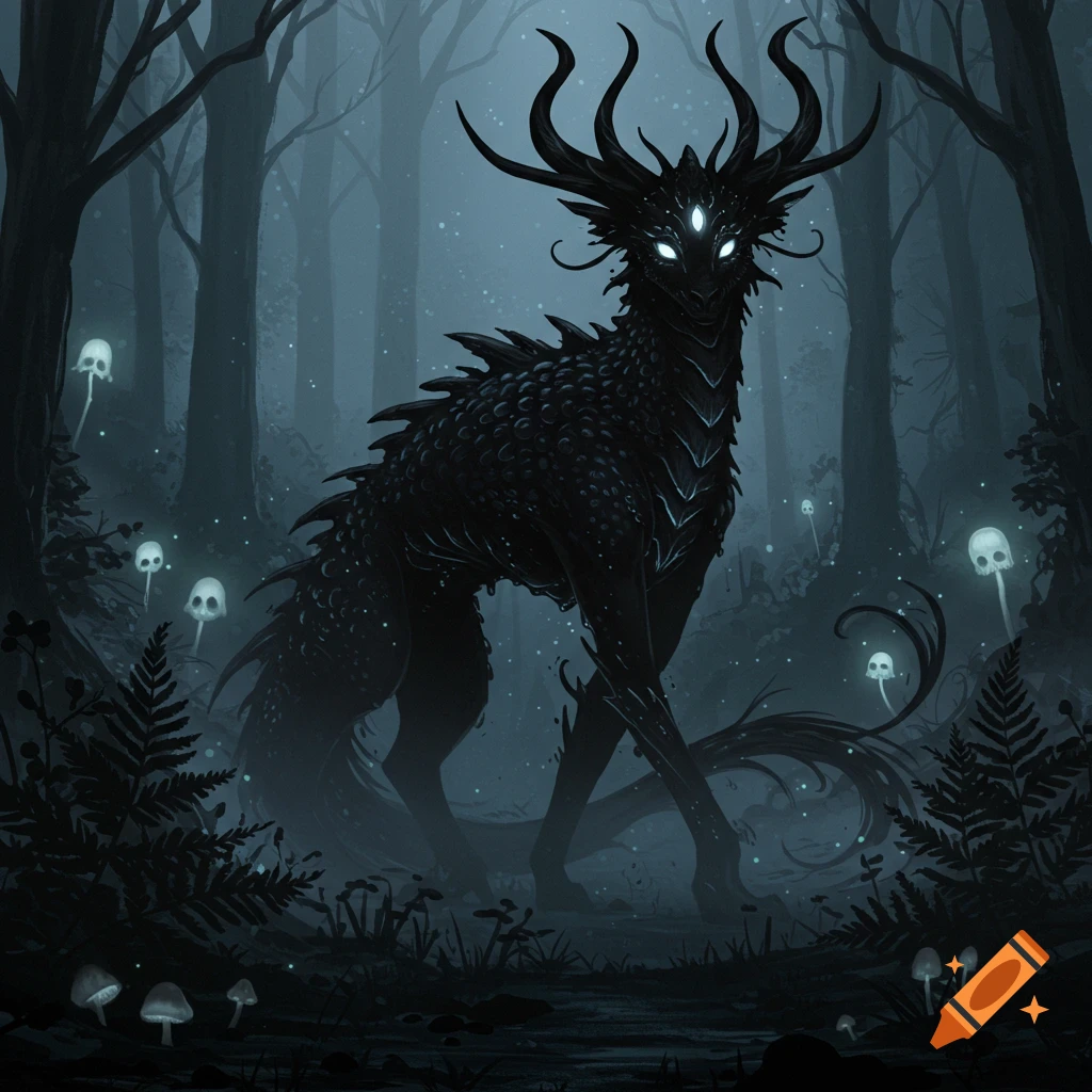A dark, horned creature with glowing eyes stands in a misty, dark forest surrounded by glowing mushrooms.