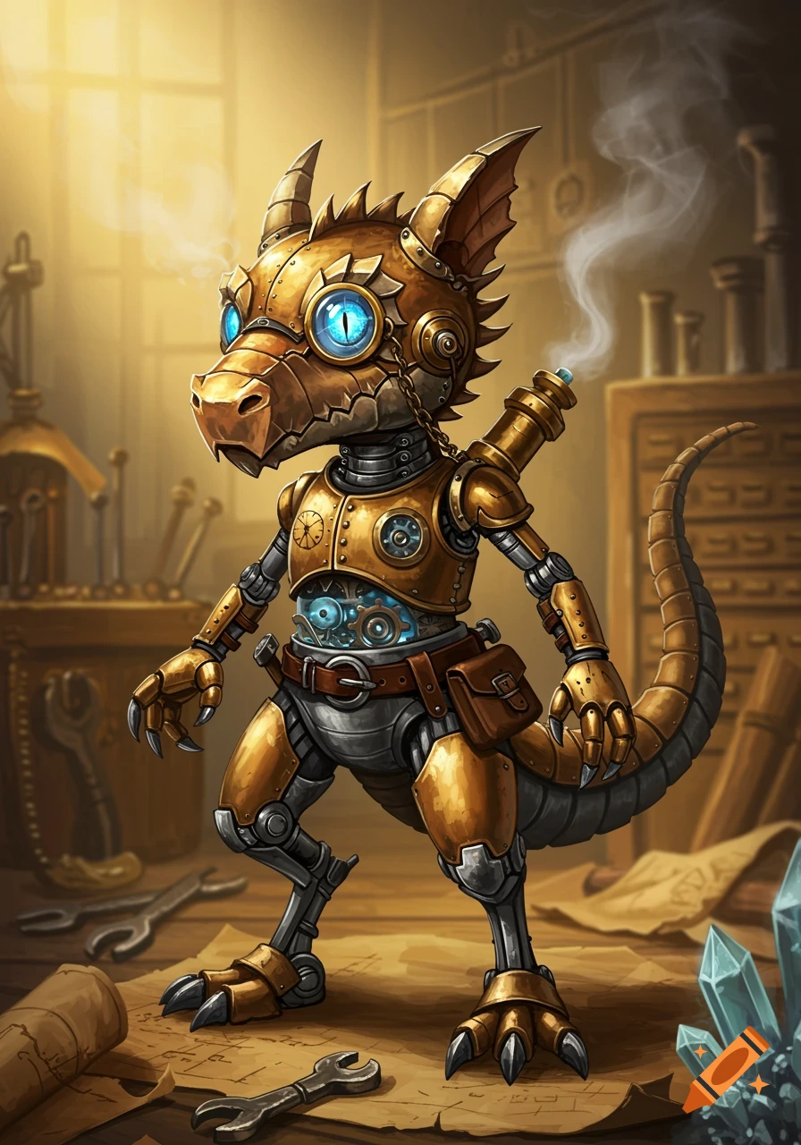 A detailed fantasy steampunk clockwork kobold with glowing blue eyes and exposed gears stands in a dusty workshop.