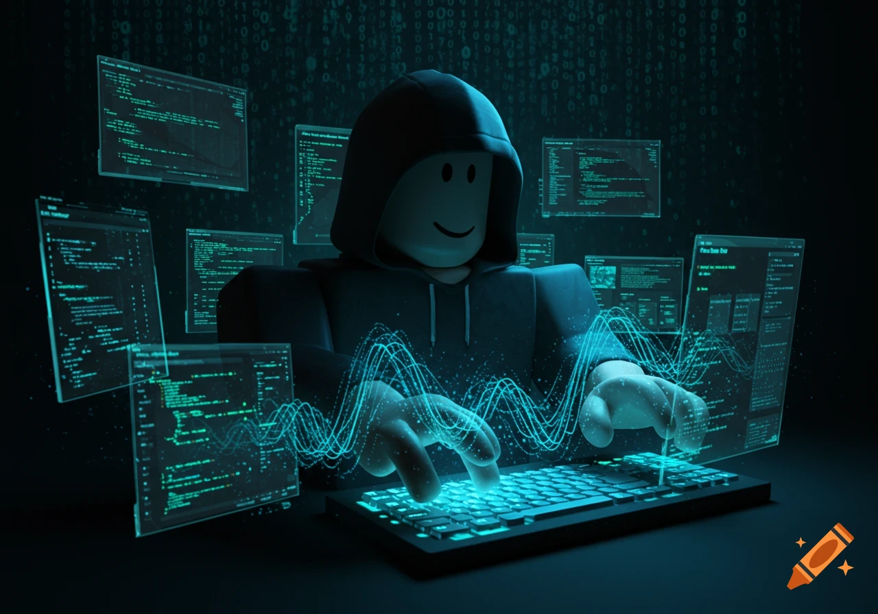 Roblox character in a hoodie typing on a glowing keyboard surrounded by holographic code screens in a dark, digital environment.