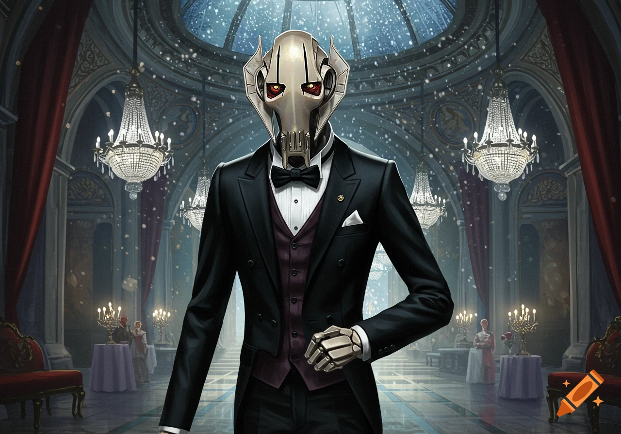 General Grievous in a black suit and bow tie stands in a grand ballroom with chandeliers.