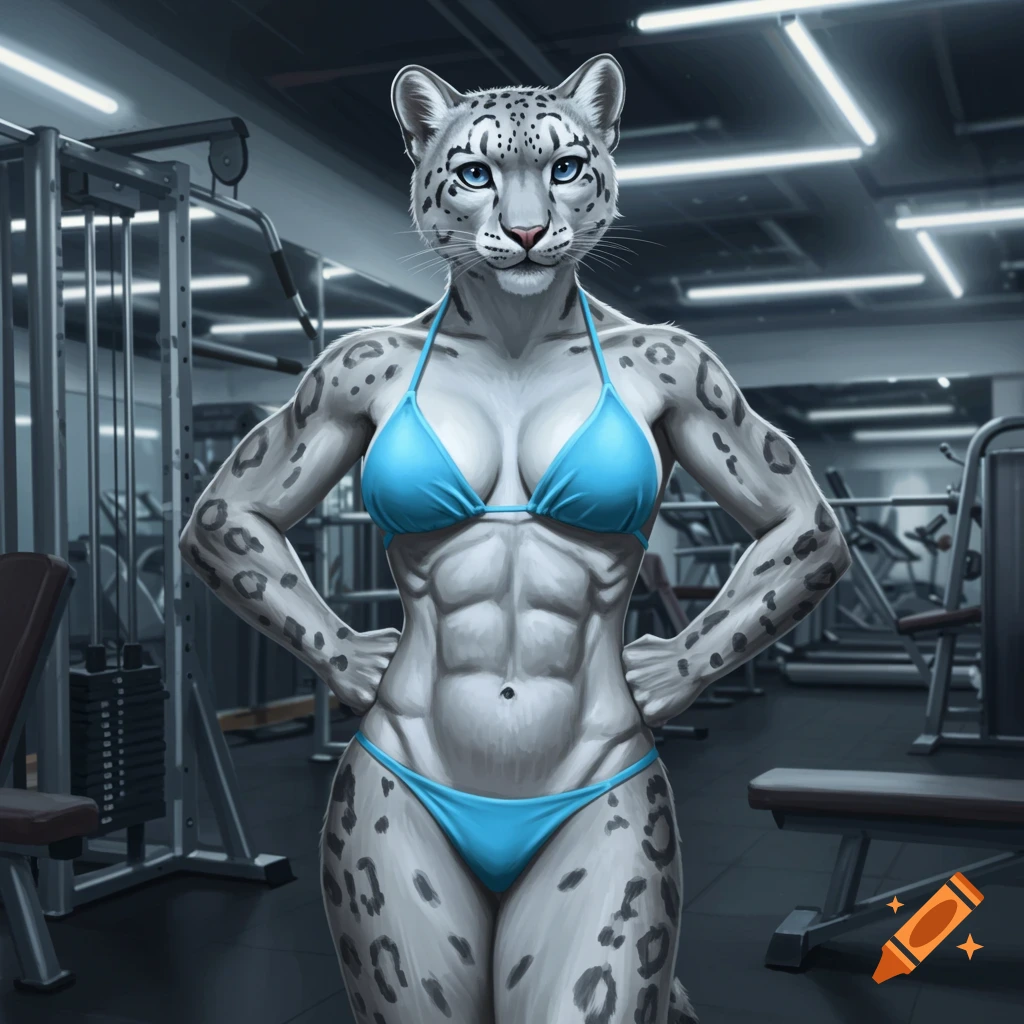Anthropomorphic snow leopard athlete in a light blue bikini confidently shows off her toned physique in a gym.