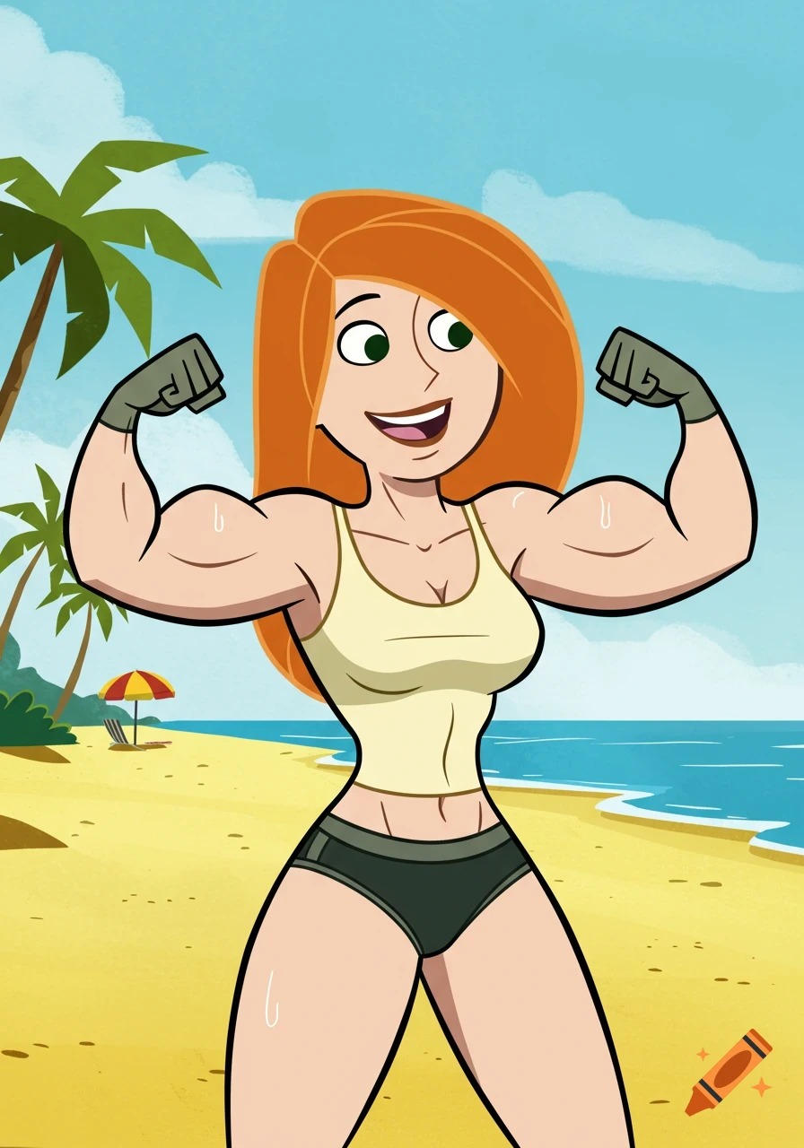 Cartoon character Kim Possible flexing muscles on a sunny beach.